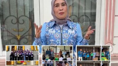 Pera Hariyani tampil elegan dengan setelan batik Kaganga yang telah dimodifikasi dengan kain lurik. Batik Kaganga, wastra khas dan ikon kebanggaan Kabupaten Rejang Lebong, Bengkulu, memancarkan keindahan motif yang terinspirasi dari aksara kuno Kaganga (Aksara Ulu) serta kekayaan alam lokal seperti bunga Rafflesia dan Cempaka.(Photo dok ist)