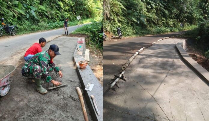 Pembangunan pelapis tebing di jalur masuk Desa Air Merah, Kecamatan Curup Tengah, yang dikerjakan Kodim 0409/Rejang Lebong akhirnya rampung. Proyek penguatan tebing ini selesai dalam waktu kurang dari satu bulan dan kini sudah bisa dimanfaatkan warga.(Photo dok ist)